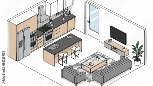 Modern open plan kitchen and living room isometric view.
