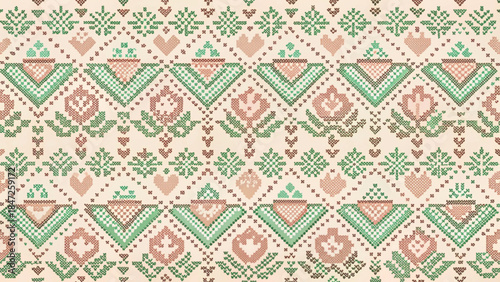 nordic fair isle seamless pattern featuring pixel-style coffee cups vector background 