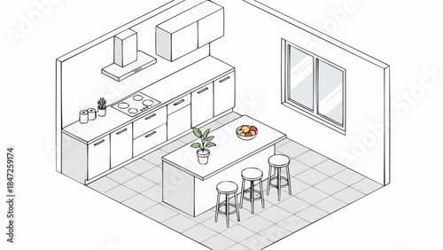 Modern Kitchen Island with Stools and Countertops.