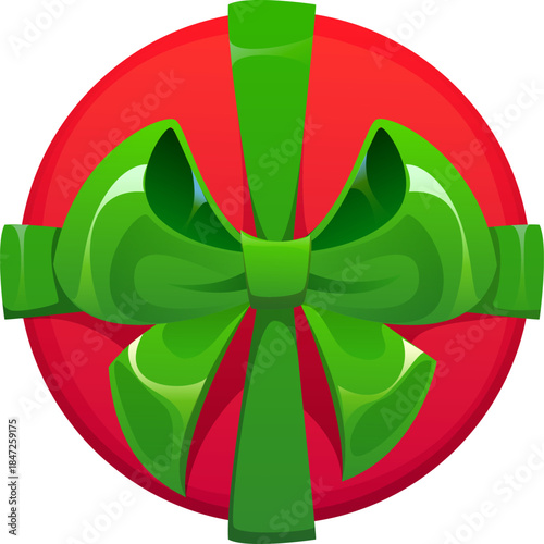 Merry Christmas round gift box cartoon decoration or element. Merry Christmas party surprise object, happy New Year holiday gift box vector sticker. Winter festive decoration giftbox with green ribbon