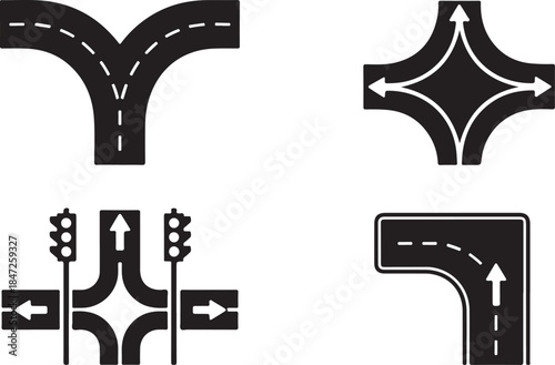 Set of four different road junction icons showing various traffic flow patterns