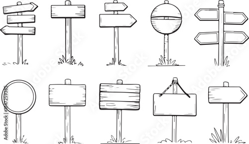 Set of ten hand-drawn blank wooden road signs and pointer boards