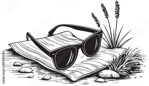Detailed black and white drawing of sunglasses on a towel with plants