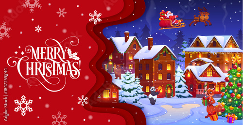 Paper cut Christmas greeting card, funny animal characters, winter holiday town and flying Santa on sleigh, cartoon vector. Merry Christmas greeting, Santa on reindeer sleigh and panda at Xmas tree