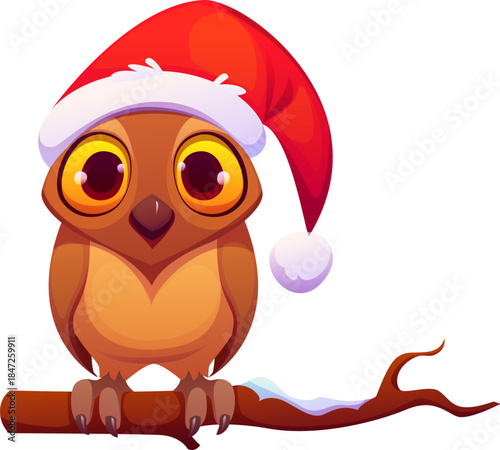 Merry Christmas cartoon owl bird funny character. Christmas celebration animal mascot, Xmas festive funny owl vector personage. Winter holiday bird in Santa hat cute character sitting on tree branch