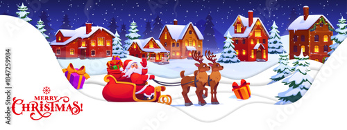 Paper cut winter Christmas holiday greetings card with Xmas town street landscape vector background. Cartoon Santa Claus character on deer sleigh delivering Xmas gifts, Merry Christmas greetings card