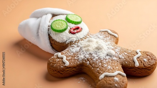 Gingerbread man cookie relaxing at a spa with cucumber eye mask and white towel