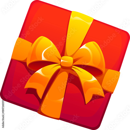 Merry Christmas red square gift box cartoon decoration or object. Merry Christmas festive isolated gift, New Year celebration vector present. Winter holiday gift box with golden ribbon bow decoration