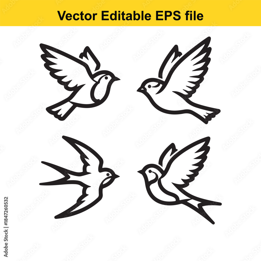 Obraz premium four black and white flying bird silhouettes in different positions vector illustration