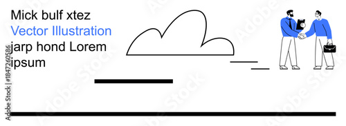 Business partnerships, teamwork, professional collaboration, networking, communication, and technology. Two businesspeople shake hands by a cloud design. Collaboration and networking concept