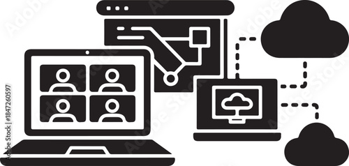 Cloud computing data network and remote work icons set on transparent background video call