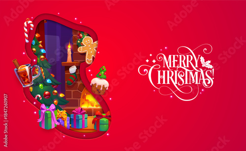 Merry Christmas paper cut greetings with holiday sock shape, gifts, home fireplace and pine tree. Cozy vector card with a fir tree, glowing fireplace, gingerbread man, cupcake, and mulled wine cup