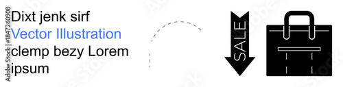 Shopping, discounts, business, e-commerce, retail, promotion. Black briefcase icon with a downward arrow labeled Sale and text elements on a white background. Shopping and discounts concept