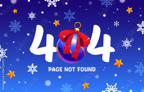 Merry Christmas 404 page not found screen. Vector internet connection error with festive winter mood features white number, ornament ball with ribbon and bow, snowflakes, stars and snowy background