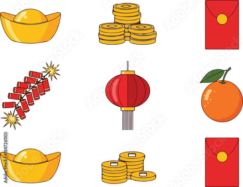 Lunar New Year Celebrations Gold Ingots, Coins, Lantern, and Oranges