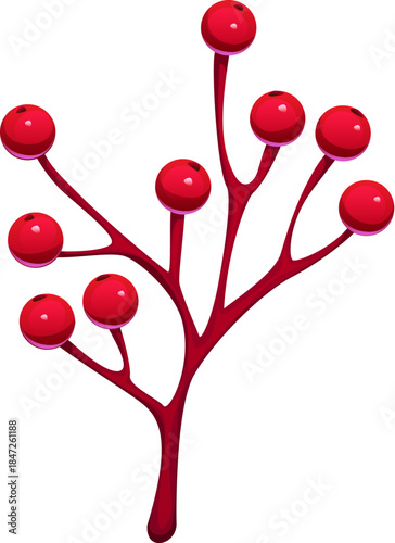 Christmas holiday cartoon holly berry decoration or item. Winter party isolated decoration, merry Christmas holiday red rowan or holly berries. Happy New Year festive plant element