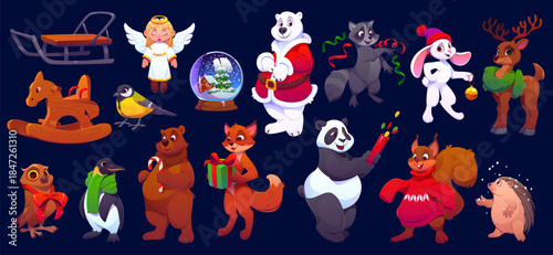 Cartoon Christmas animal characters and Xmas winter holiday gifts. Vector cute bear, fox, penguin and deer, funny owl, racoon, rabbit and panda animal and bird characters with Christmas gifts and hats