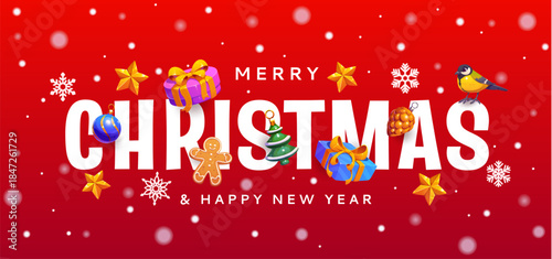 Merry Christmas greeting card with white text on red background and flying snowflakes. This vector design features holiday gifts, gingerbread cookies, tree ornaments, and small bird