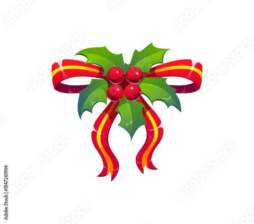 Christmas holiday cartoon holly leaf and berry decoration. Merry Christmas festive isolated vector holly leaf. Xmas winter holiday plant decoration or element with berry, red and golden ribbon bow