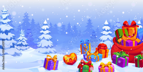 Christmas gifts on the snow. Cartoon vector snowy forest with gifts in colorful boxes and large red Santa sack. Colorful packages with bows on winter snow among spruce trees. Winter greeting card