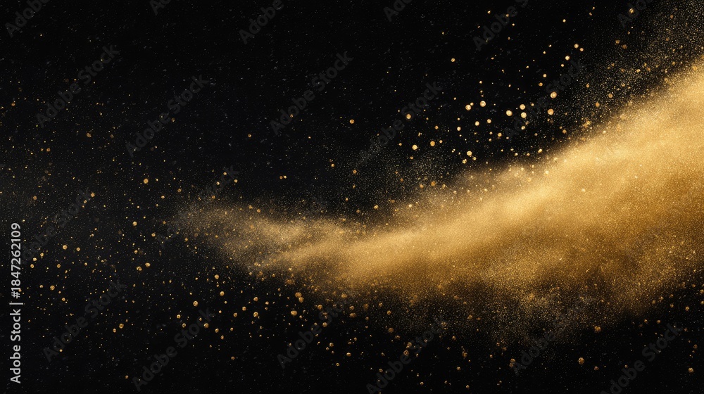 Fototapeta premium Golden Dust Cloud Over Black Background Capturing the Beauty of Light Reflection and Shimmering Particles in Motion for Creative Projects