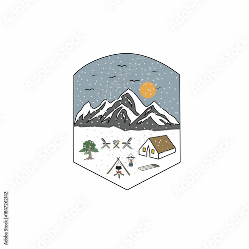 vector illustration of snowfall in a camping area