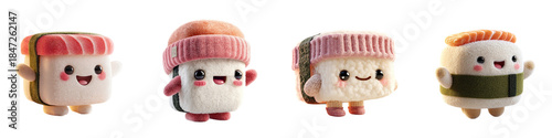 Cute sushi plush toys with different facial expressions and accessories