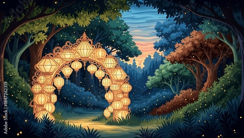 Enchanted Forest Archway - A Whimsical Lantern-Lit Pathway.