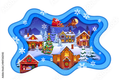 Merry Christmas paper cut greeting card with Santas sleigh, winter town landscape and holiday market shop. Vector card shows flying Santa with reindeer over snowy Christmas village.