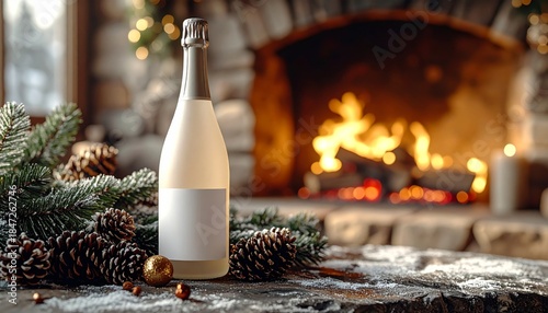 Festive Champagne Bottle Near Fireplace with Pine Cones and Evergreen Sprigs