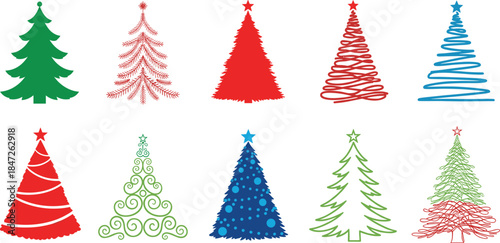 Collection of colorful Christmas trees with various patterns and designs on a white background