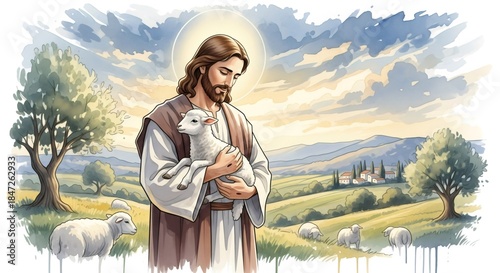 Good Shepherd Jesus Christ Caring for His Sheep