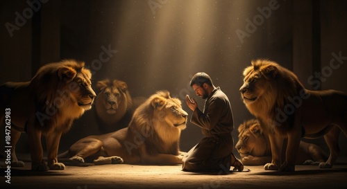 Prophet Daniel Praying Among Lions, Bible Story Concept