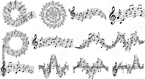 Musical notes and symbols arranged in creative patterns on a white background