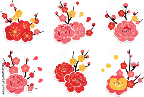 Elegant floral arrangements with pink and red flowers on a white background