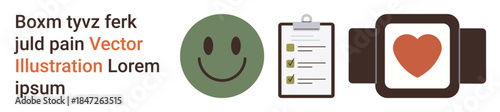 Wellness, productivity, healthcare, self-care, fitness, digital tools. A green happy face, checklist clipboard and smartwatch with a heart. Wellness and productivity concept