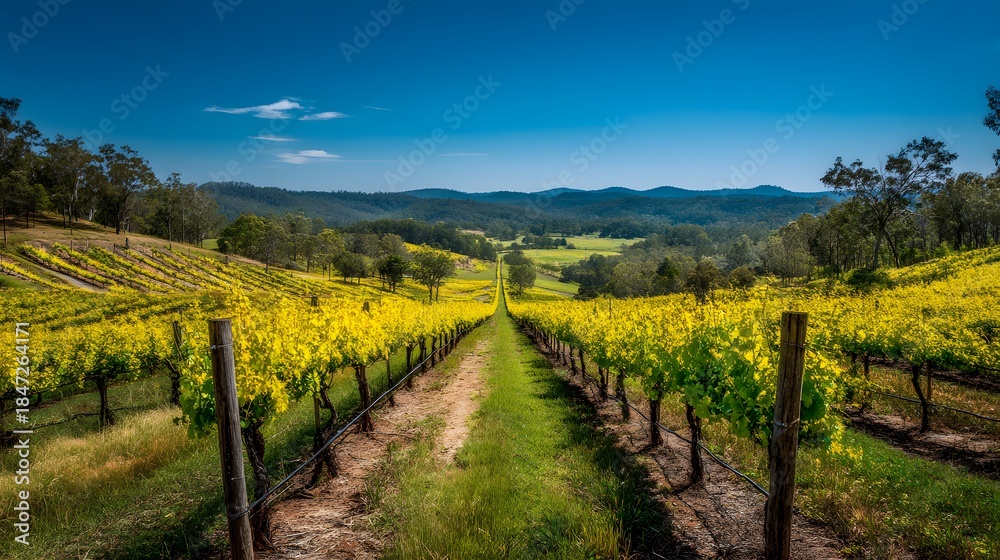 Naklejka premium Vineyard Landscape with Rolling Hills and Blue Sky.
