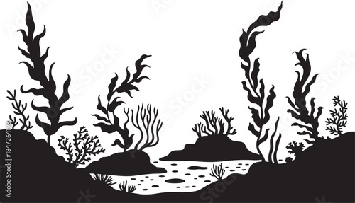 Black silhouette of seaweed and corals on ocean floor background