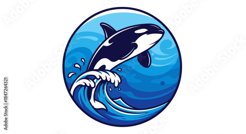 Majestic Orca Whale Jumping Amidst Blue Waves in a Circular Emblem
