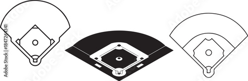 Set of baseball fields with various perspectives and outlines on transparent background