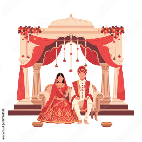 Traditional Indian Wedding Ceremony with Bride and Groom in Mandap