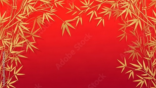 Golden Bamboo Branches and Leaves on Vibrant Red Background, Traditional Asian New Year Festive Design Element and Prosperity Frame Template