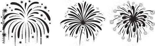 Set of abstract fireworks silhouettes with stars and dots perfect for festive events