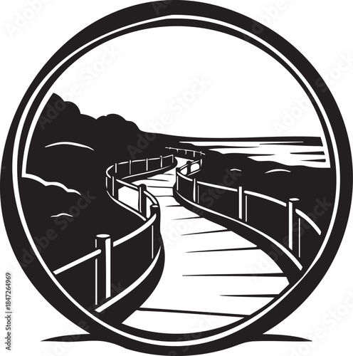 Black silhouette of a winding boardwalk along a coastline within a circle