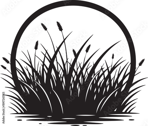 Black silhouette of grass and reeds within a circle
