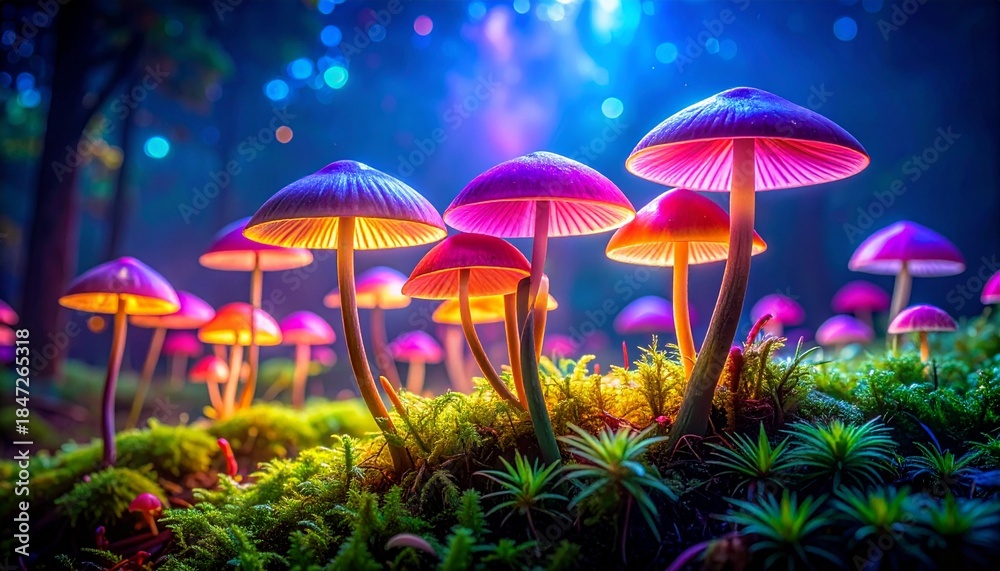 Fototapeta premium endless field of glowing mushrooms in vibrant colors, magical surreal world