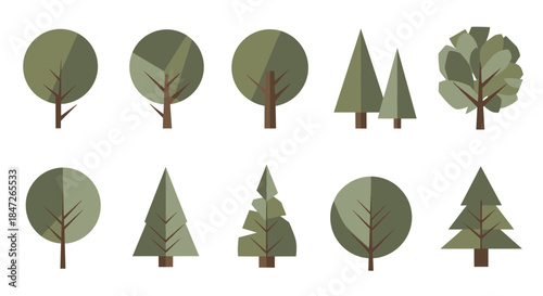 Stylized Flat Design Tree Vector Set - Diverse Green Deciduous and Coniferous Trees