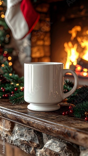 White Coffee Mug On Fireplace Mantle With Christmas Decorations