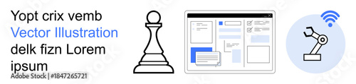 Artificial intelligence, automation, strategy, digital communication, robotics, innovation. Chess piece, digital interface robotic arm with wireless symbol. Artificial intelligence and automation