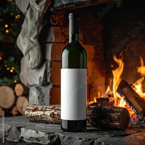 Wine Bottle with Blank Label by Fireplace with Logs and Christmas Stocking